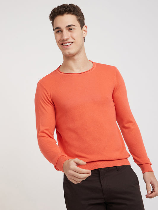 Parx Men Orange Structure Cotton Full Sleeve Round Neck Collar Sweater