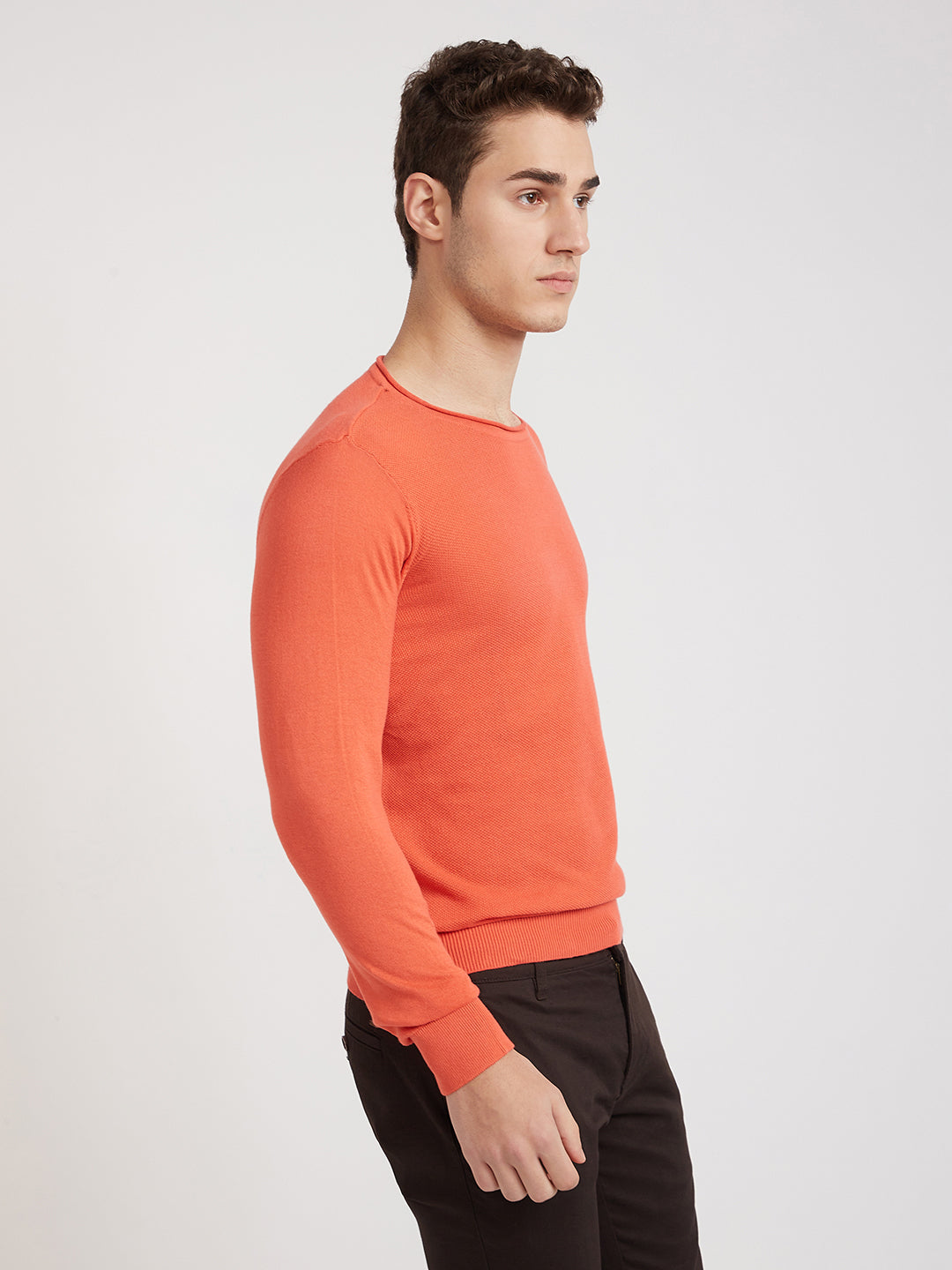 Parx Men Orange Structure Cotton Full Sleeve Round Neck Collar Sweater