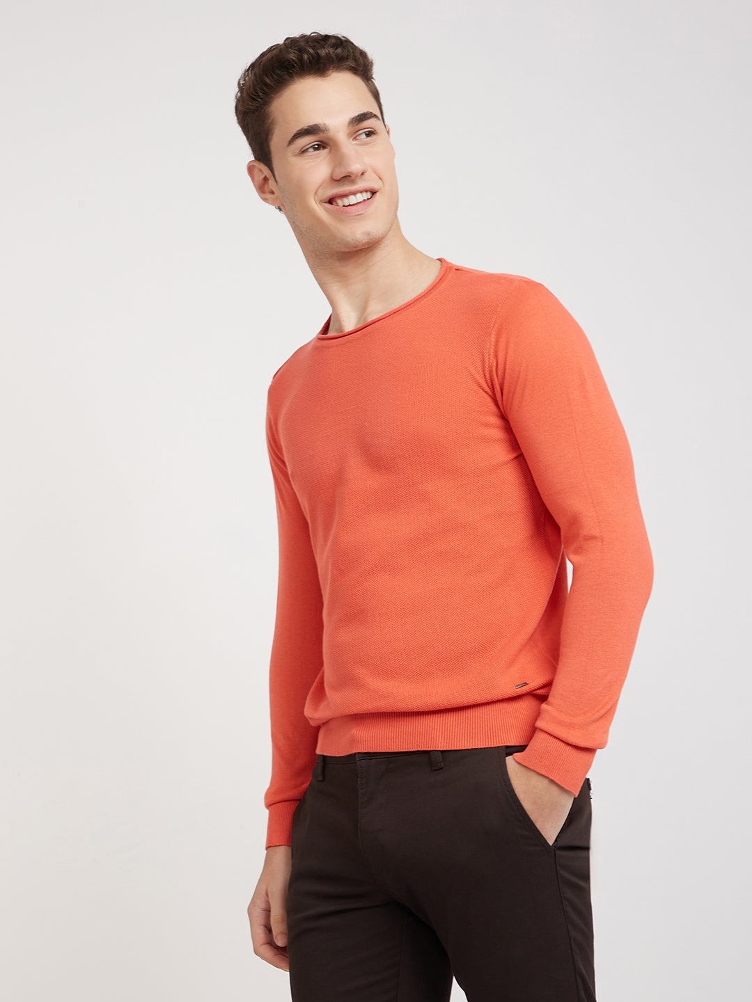 Parx Men Orange Structure Cotton Full Sleeve Round Neck Collar Sweater