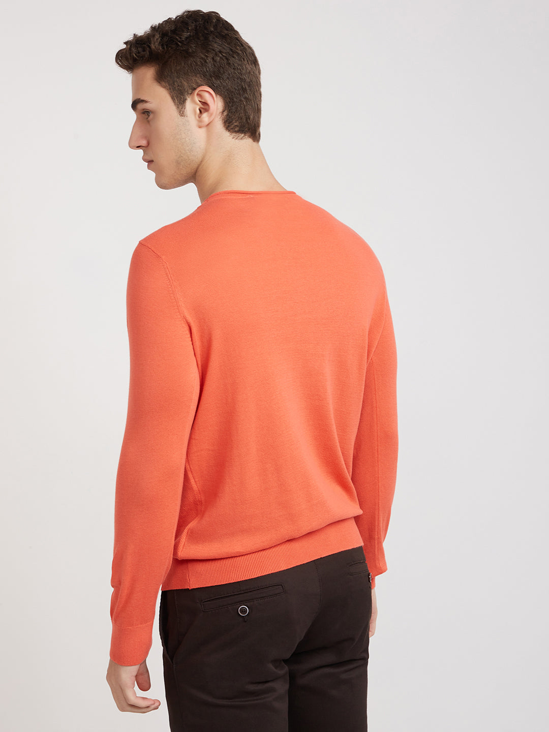 Parx Men Orange Structure Cotton Full Sleeve Round Neck Collar Sweater