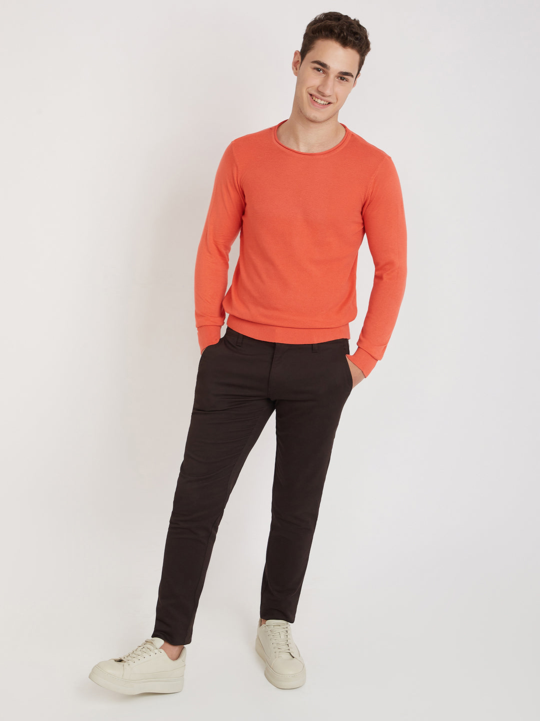 Parx Men Orange Structure Cotton Full Sleeve Round Neck Collar Sweater