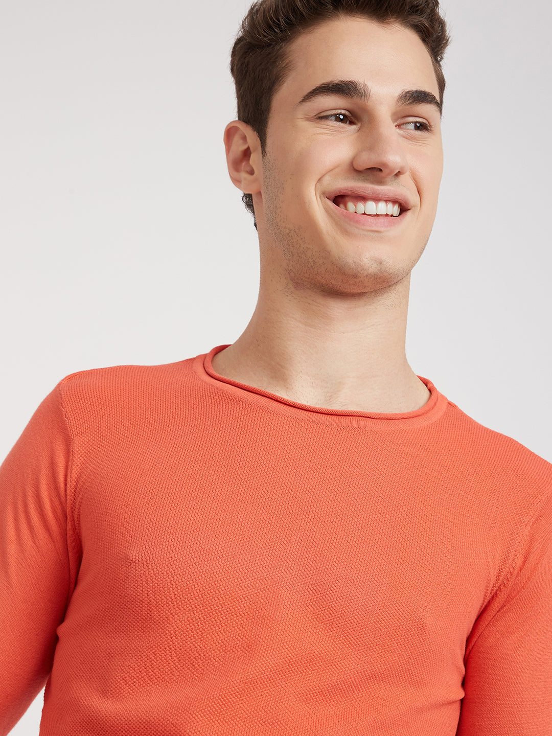 Parx Men Orange Structure Cotton Full Sleeve Round Neck Collar Sweater