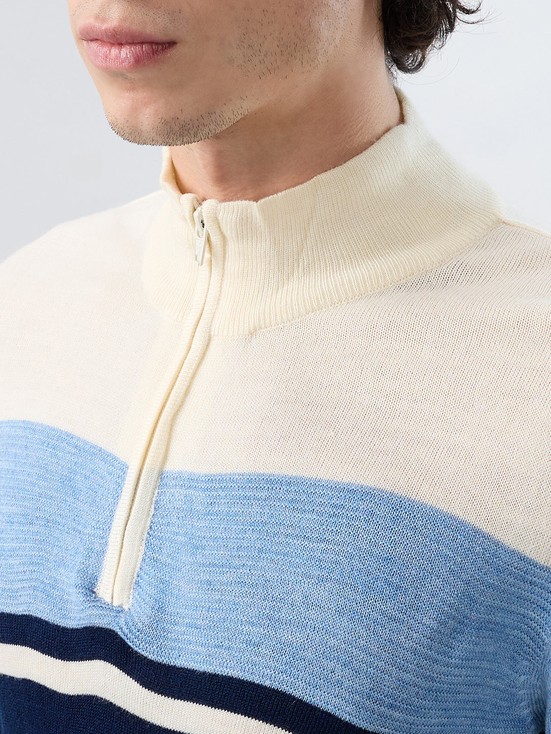 Parx Men Blue Yarn Dyed High Crew Neck Collar Sweatshirt