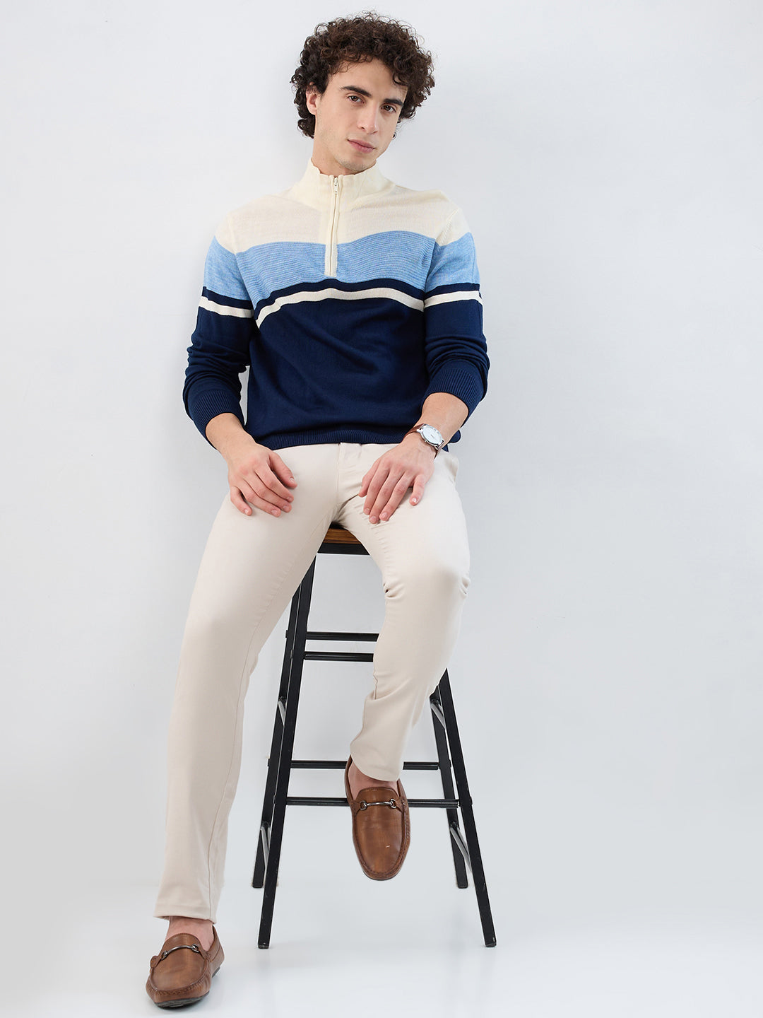 Parx Men Blue Yarn Dyed High Crew Neck Collar Sweatshirt