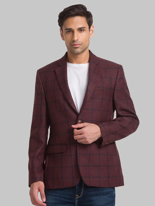 Men Maroon Regular Fit Checks Polyester Blend Jackets