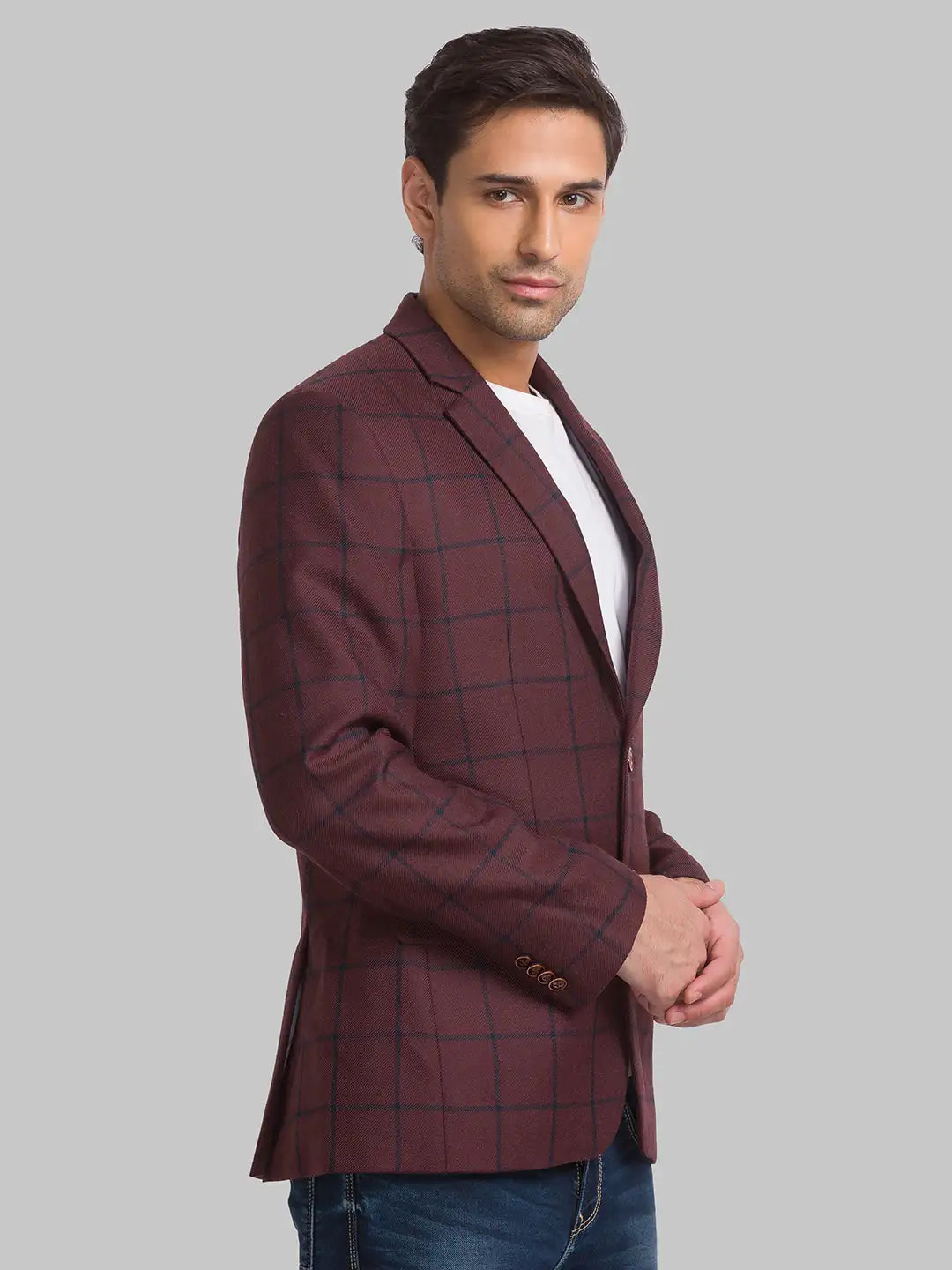 Men Maroon Regular Fit Checks Polyester Blend Jackets