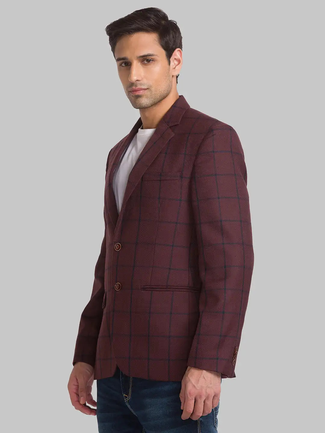 Men Maroon Regular Fit Checks Polyester Blend Jackets