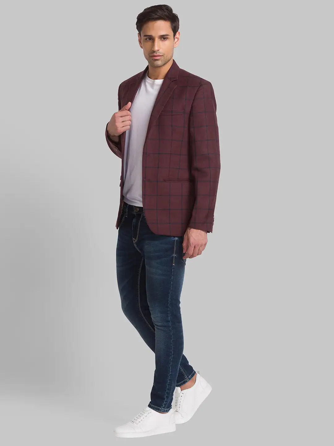 Men Maroon Regular Fit Checks Polyester Blend Jackets