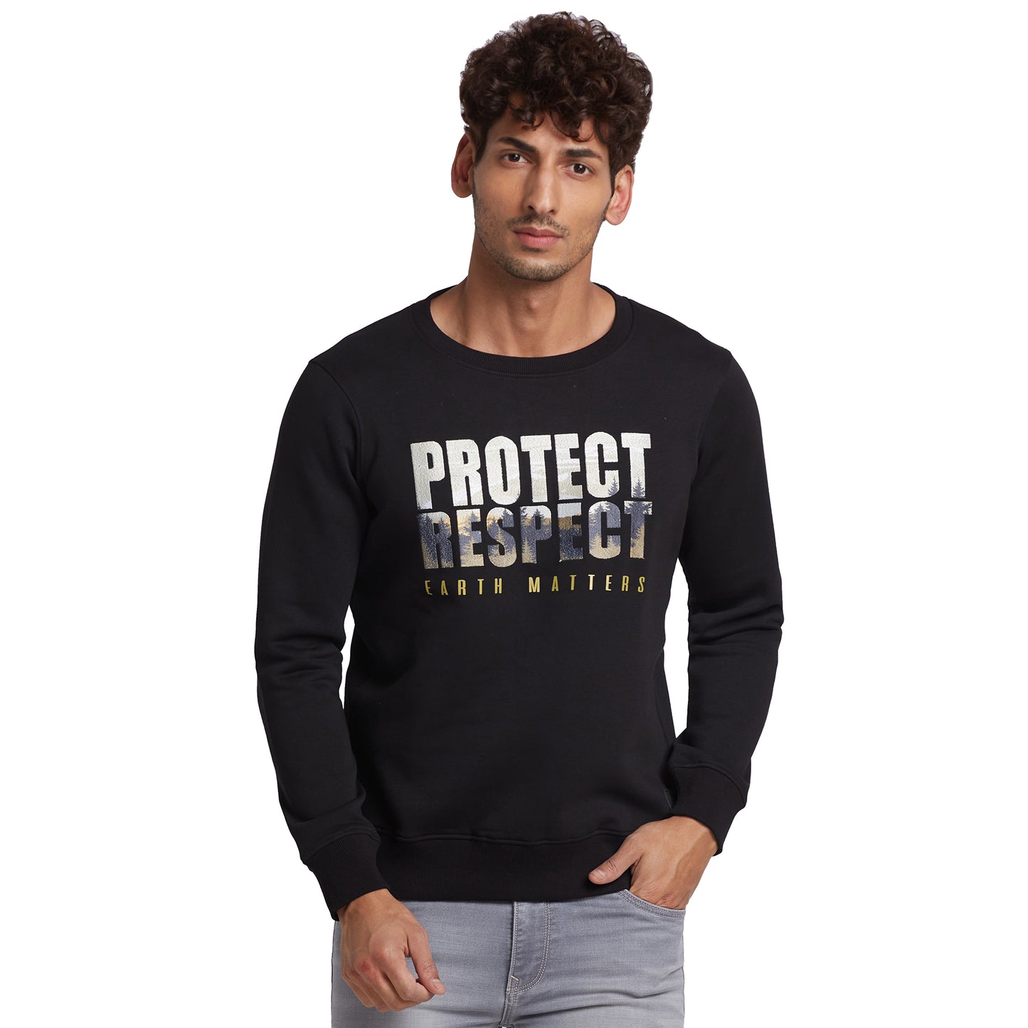 Park Avenue Men Black Regular Fit Graphic Round Neck Collar Sweatshirt