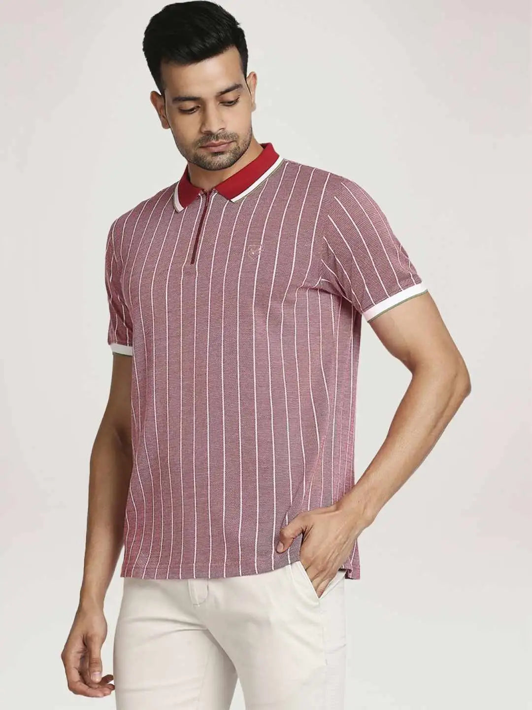 Colorplus Men Light Red Stripe Tailored Fit Casual T-Shirt