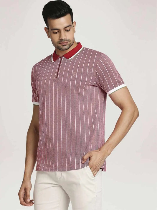 Colorplus Men Light Red Stripe Tailored Fit Casual T-Shirt
