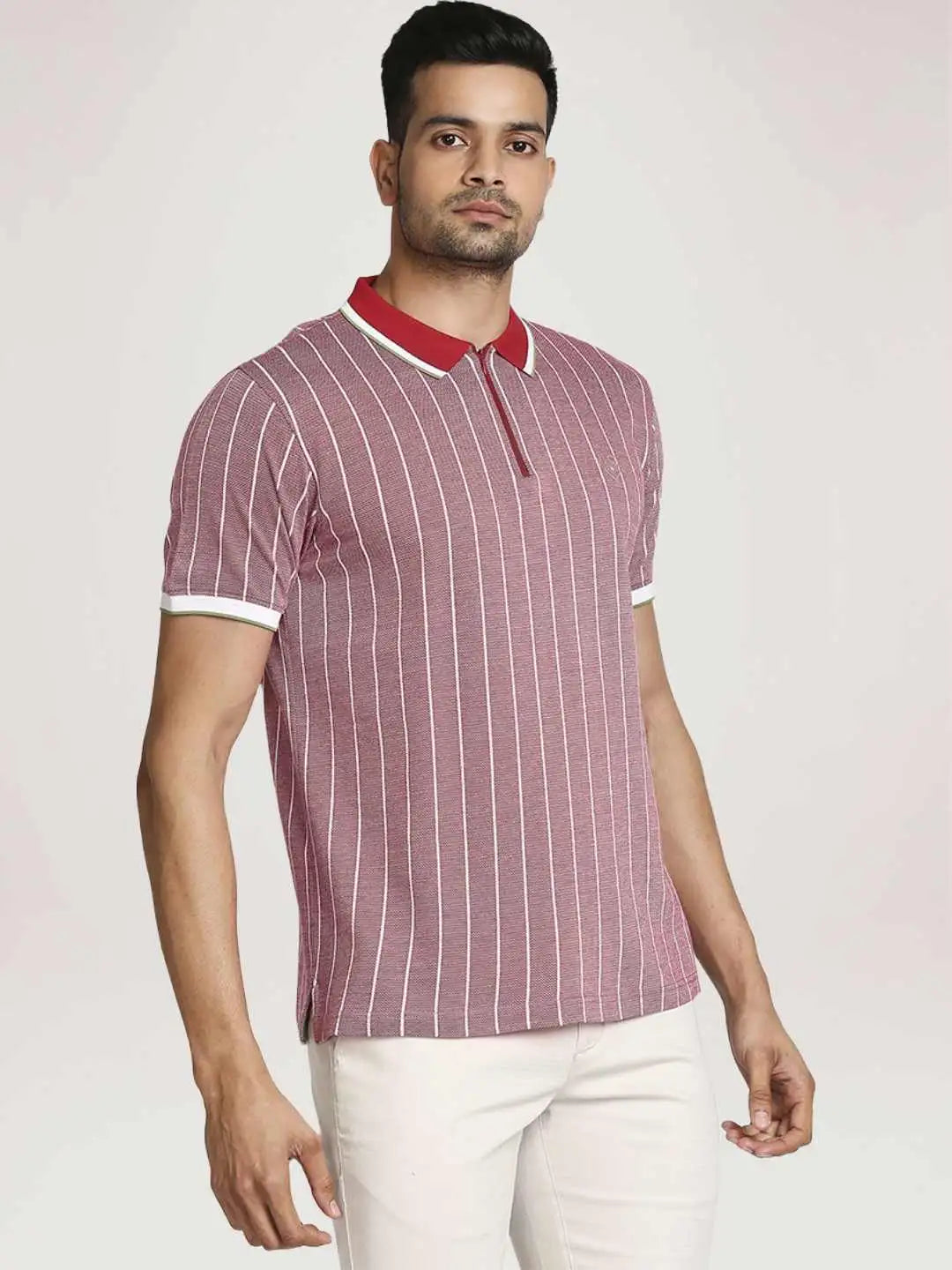 Colorplus Men Light Red Stripe Tailored Fit Casual T-Shirt