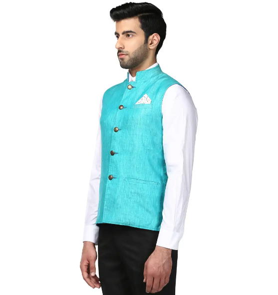 Men Blue Slim Fit Plain Linen Waist Coat – MyRaymond
