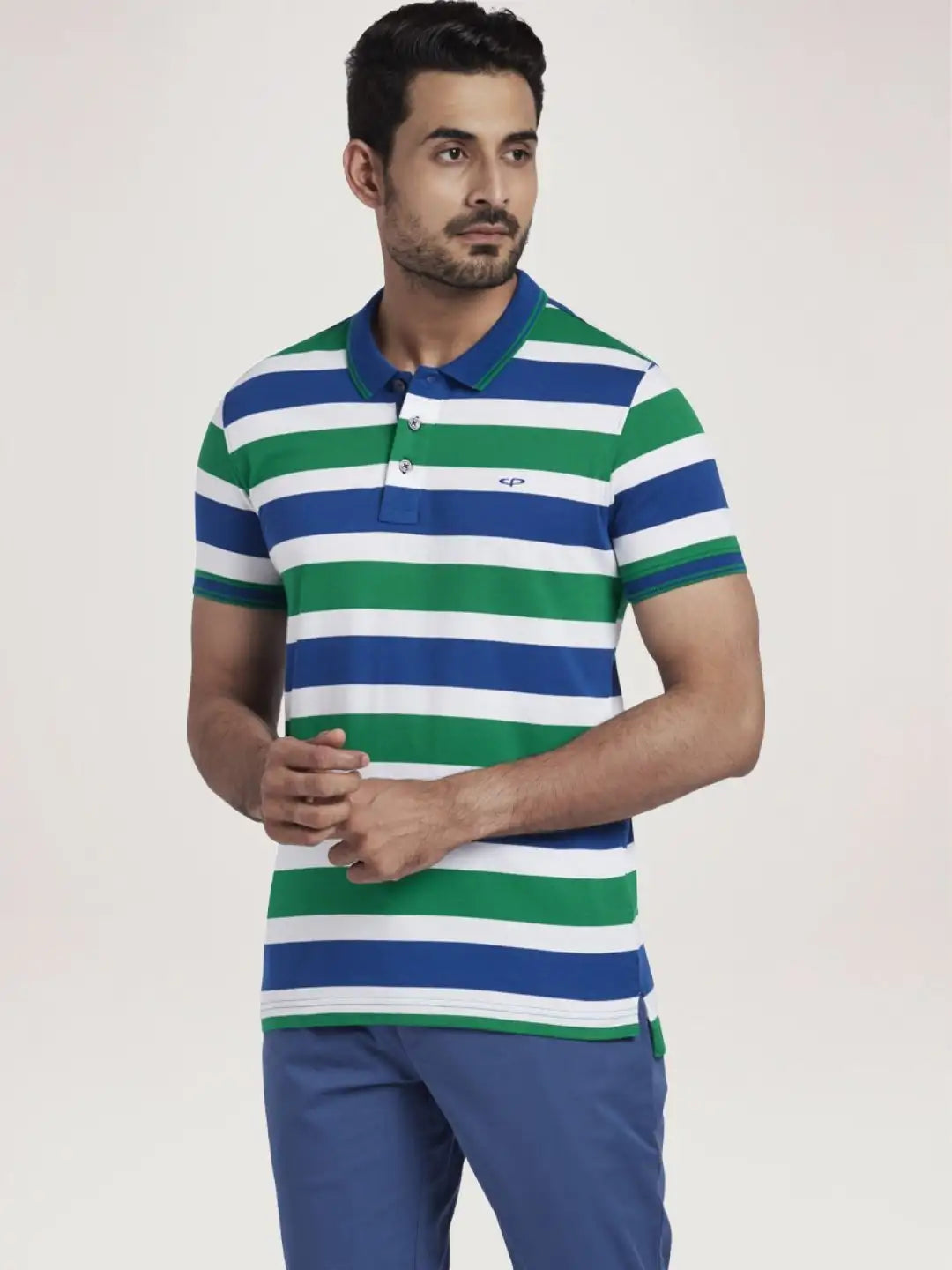 Colorplus Men Medium Green Stripe Slim Fit Casual T-Shirt