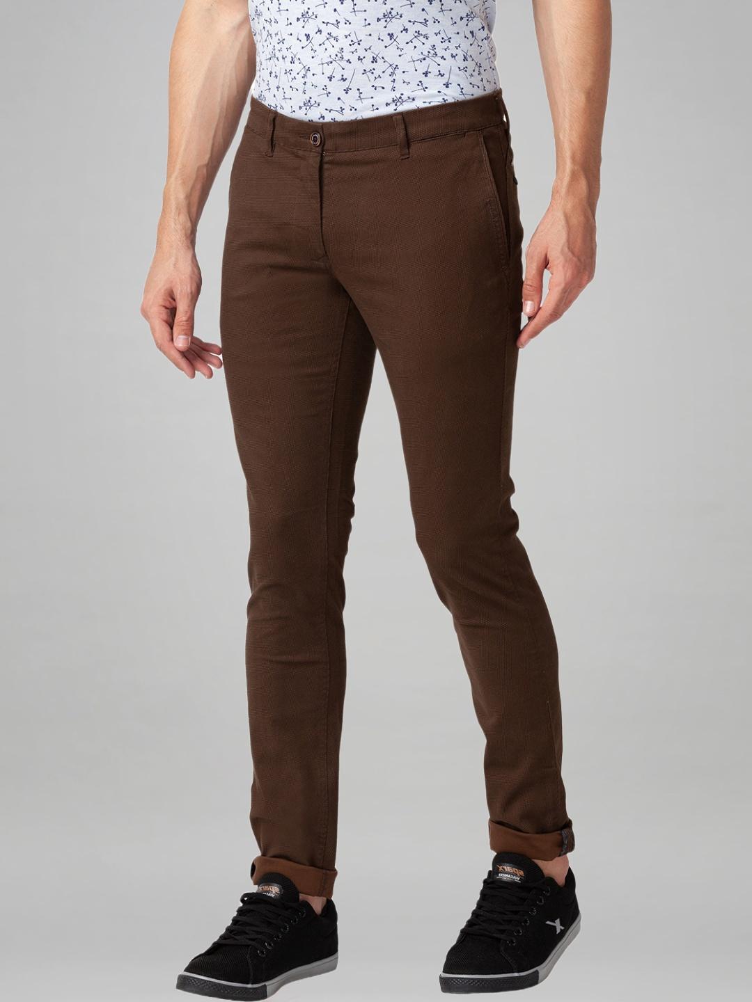 Parx Men Dark Brown Printed Super Slim Fit Work Trouser