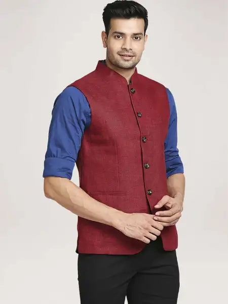 Colorplus Men Dark Red Solid Tailored Fit Party Bundi
