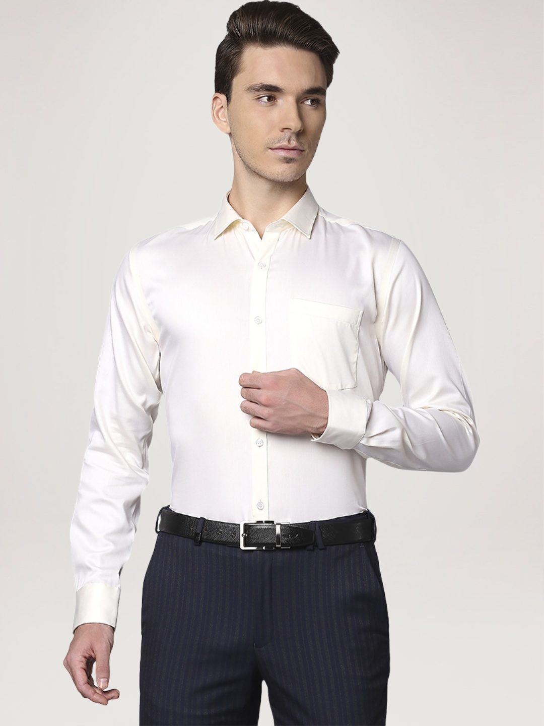Park Avenue Men Light Yellow Solid Slim Fit Work Shirt