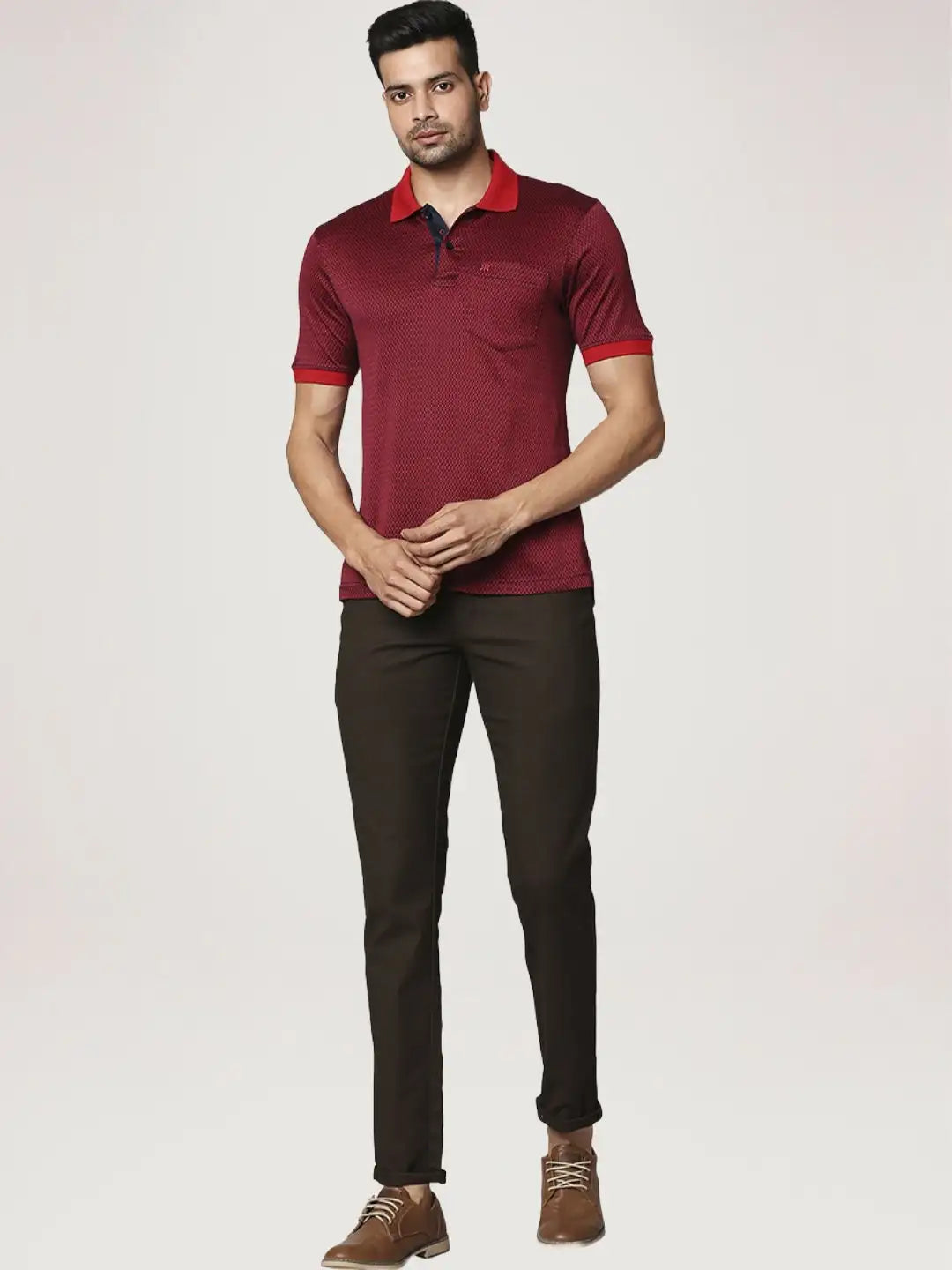Raymond Men Dark Maroon Solid Regular Fit Casual T-Shirt