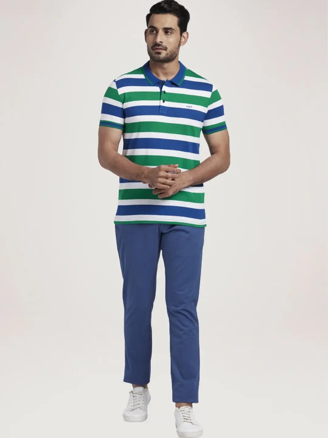 Colorplus Men Medium Green Stripe Slim Fit Casual T-Shirt