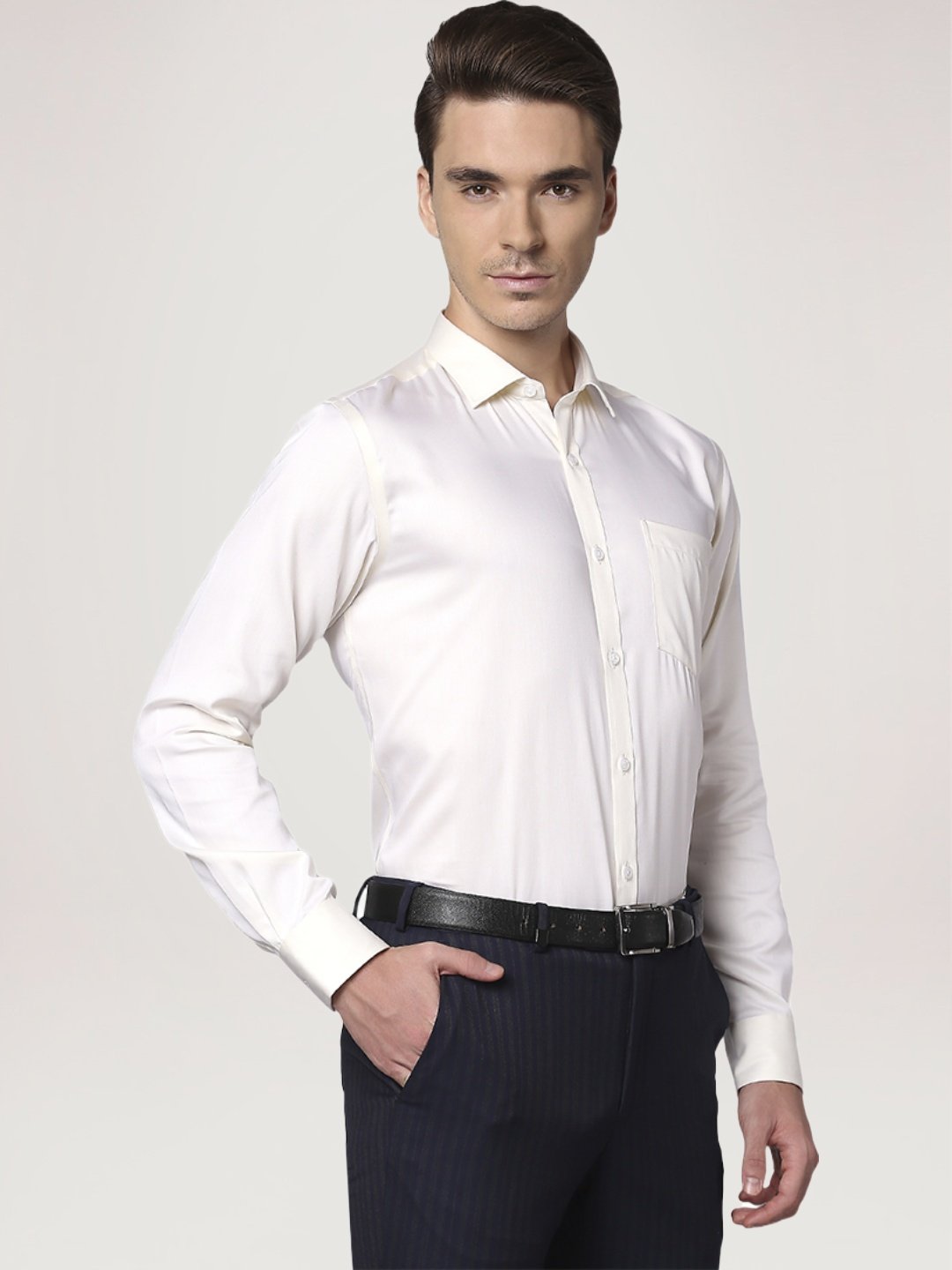 Park Avenue Men Light Yellow Solid Slim Fit Work Shirt