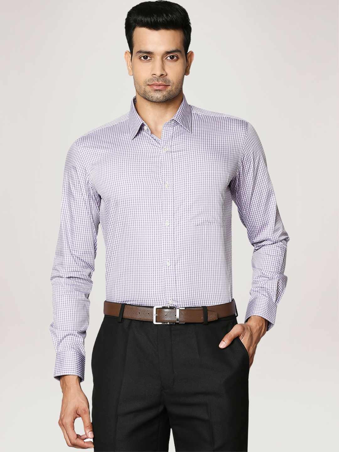 Men Violet Contemporary Fit Checks Cotton Full Sleeve Shirts - MyRaymond