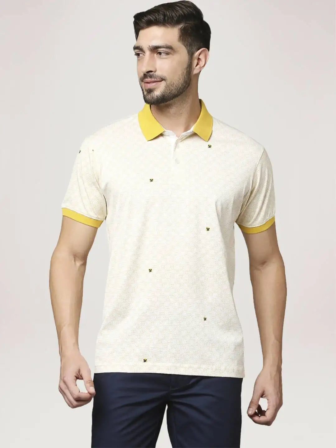 Park Avenue Men Medium Yellow Printed Slim Fit Casual Polo