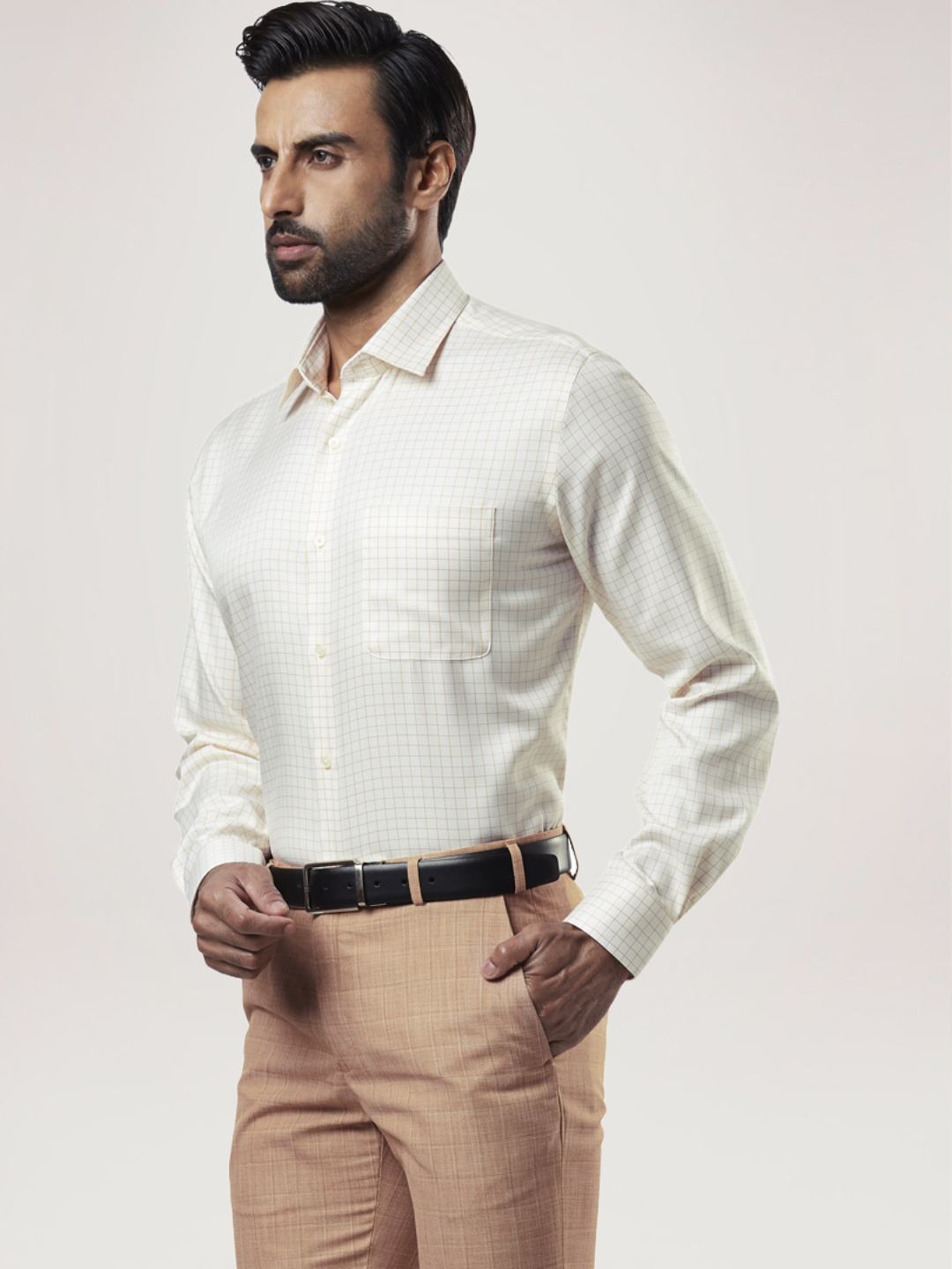 Raymond Men Light Yellow Solid Regular Fit Work Shirt