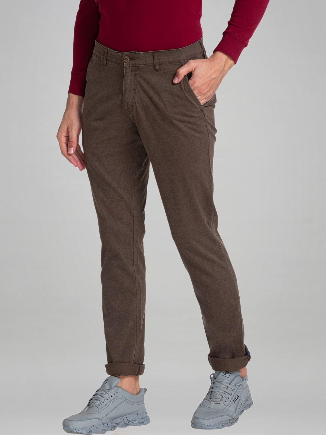 Parx Men Dark Brown Printed Tapered Fit Work Trouser