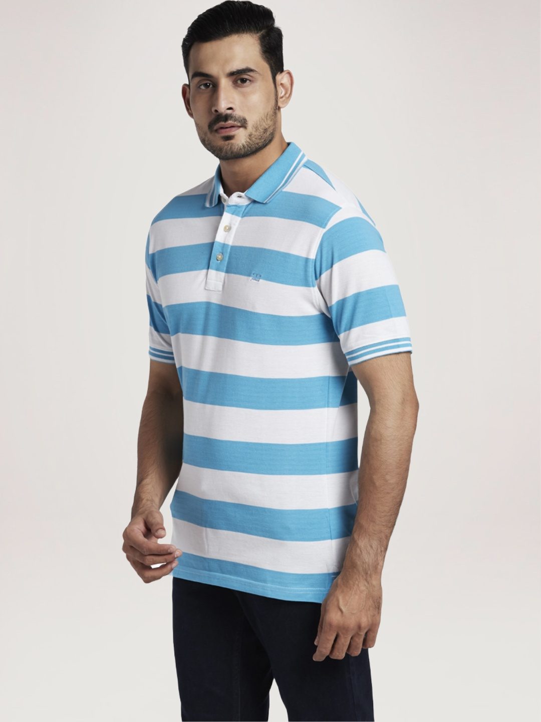Colorplus Men Medium Blue Stripe Tailored Fit Casual Polo