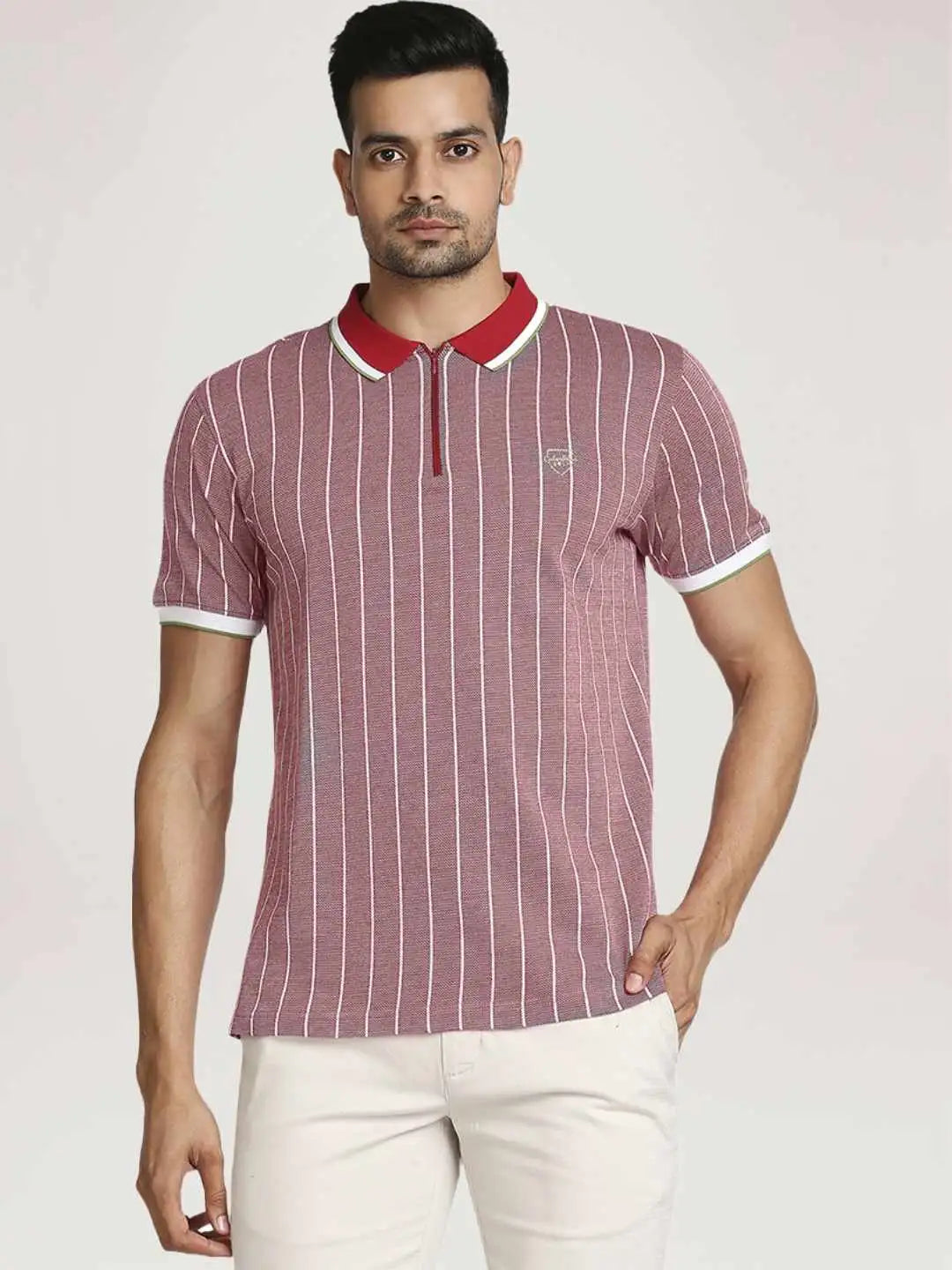 Colorplus Men Light Red Stripe Tailored Fit Casual T-Shirt