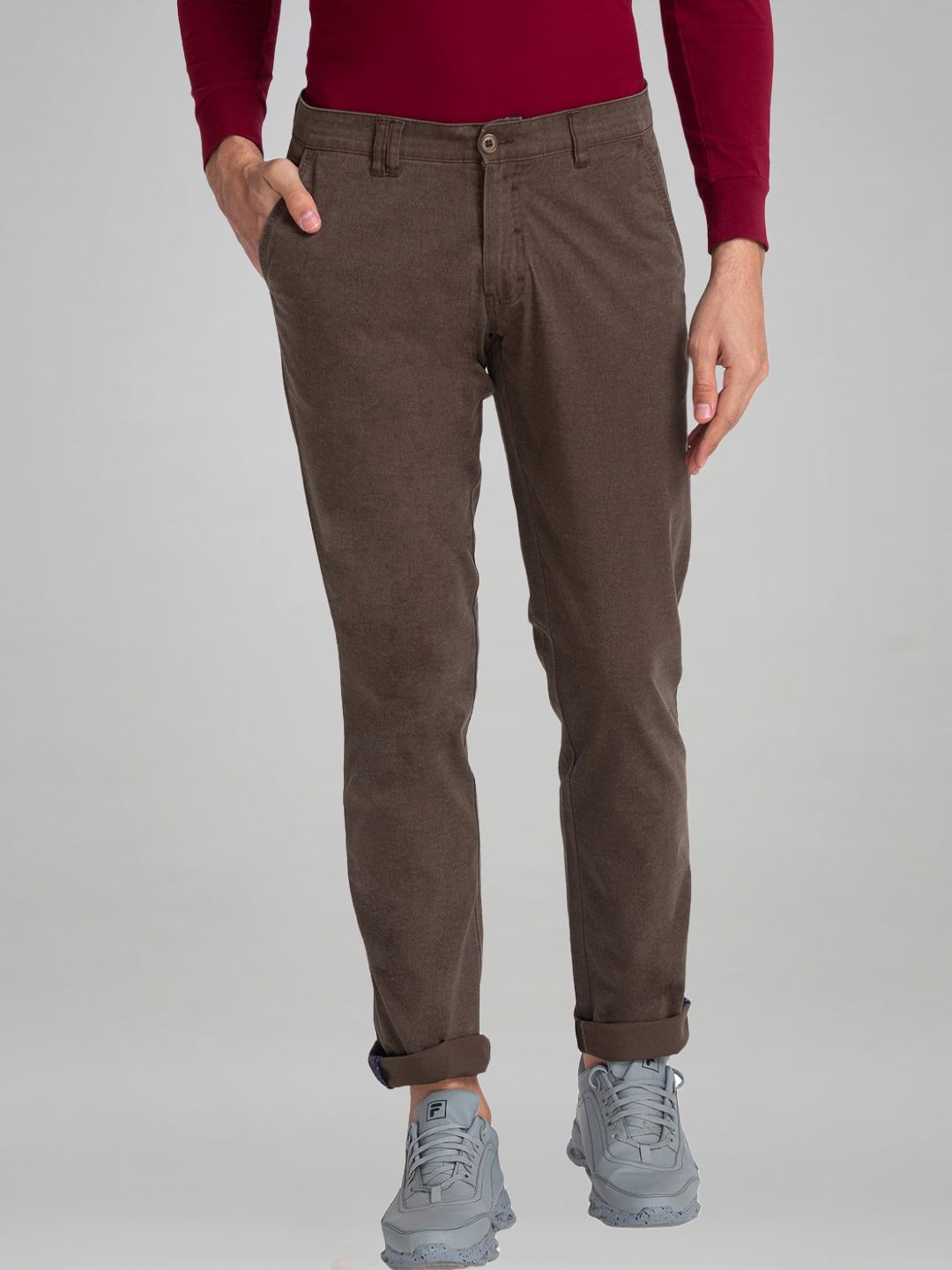 Parx Men Dark Brown Printed Tapered Fit Work Trouser