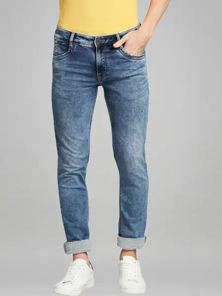 Parx Men Medium Blue Solid Tapered Fit Casual Jeans