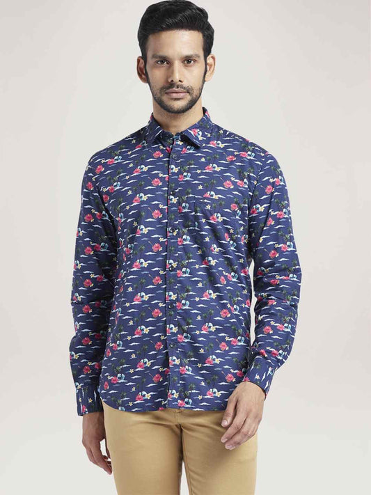 Parx Men Blue Printed Slim Fit Casual Shirt