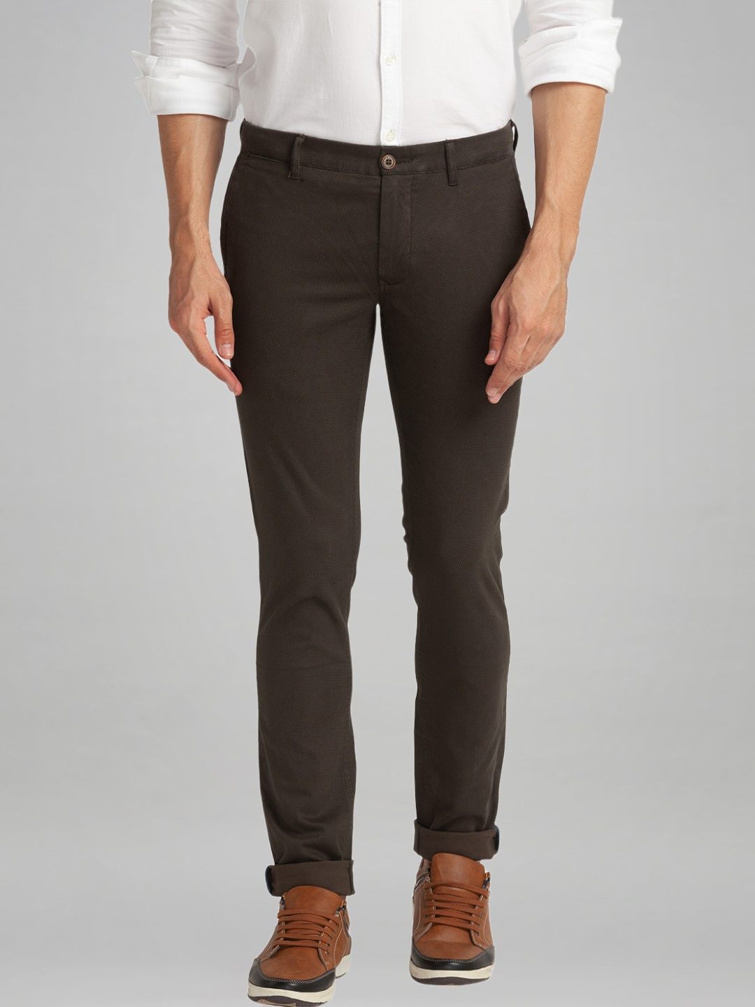 Parx Men Dark Green Printed Super Slim Fit Work Trouser