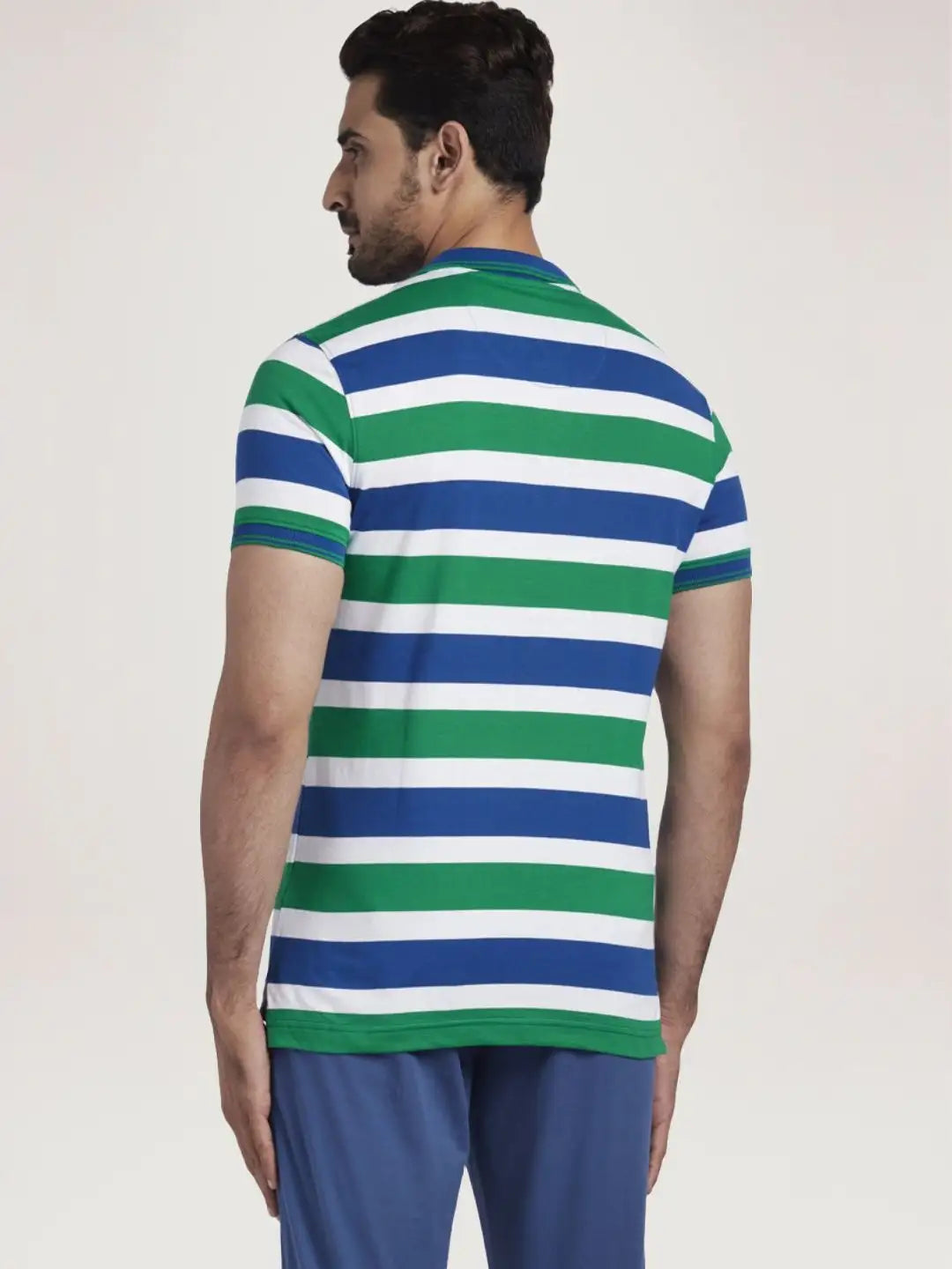 Colorplus Men Medium Green Stripe Slim Fit Casual T-Shirt