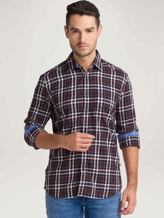 Parx Men Dark Brown Checks Slim Fit Party Shirt