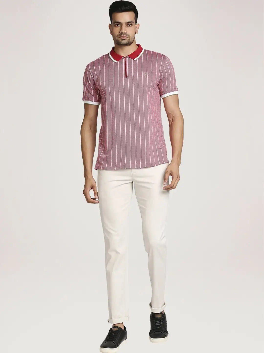 Colorplus Men Light Red Stripe Tailored Fit Casual T-Shirt