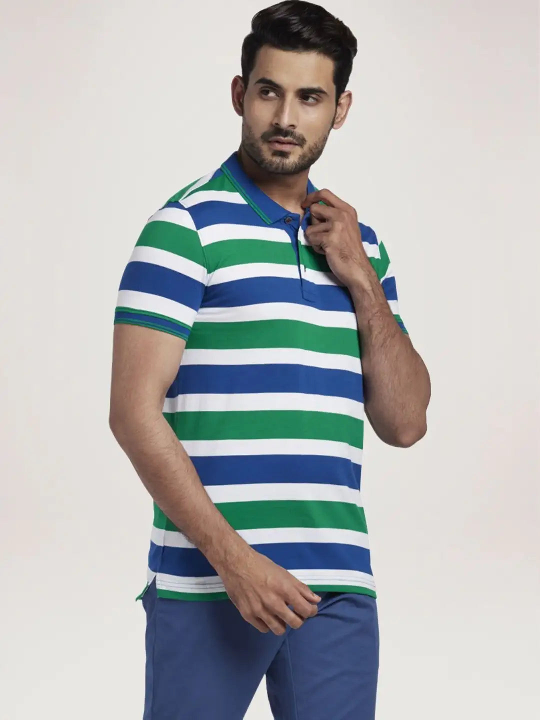 Colorplus Men Medium Green Stripe Slim Fit Casual T-Shirt