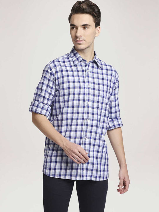 Colorplus Men Medium Blue Checks Regular Fit Party Shirt