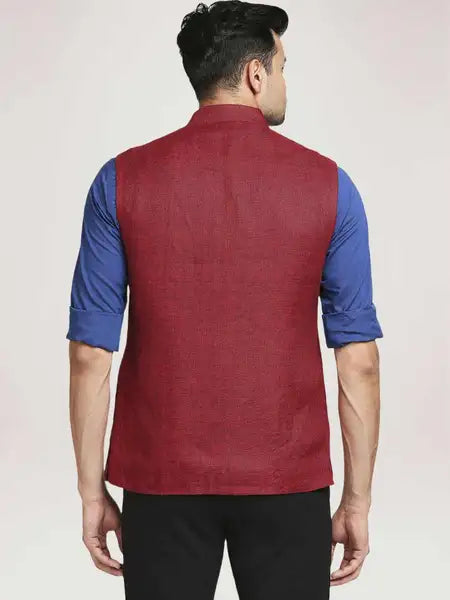 Colorplus Men Dark Red Solid Tailored Fit Party Bundi