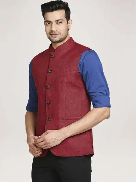 Colorplus Men Dark Red Solid Tailored Fit Party Bundi