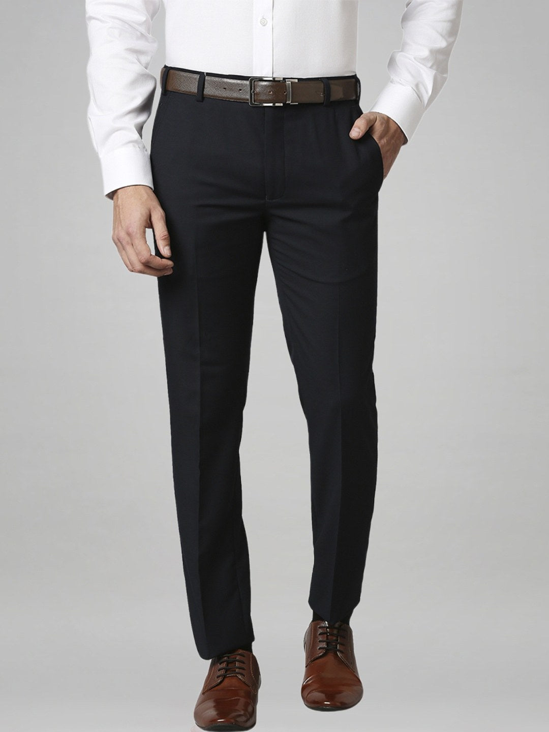 Park Avenue Men Blue Solid Super Slim Fit Work Trouser