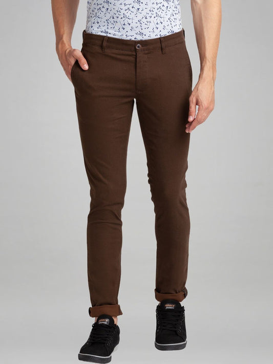 Parx Men Dark Brown Printed Super Slim Fit Work Trouser