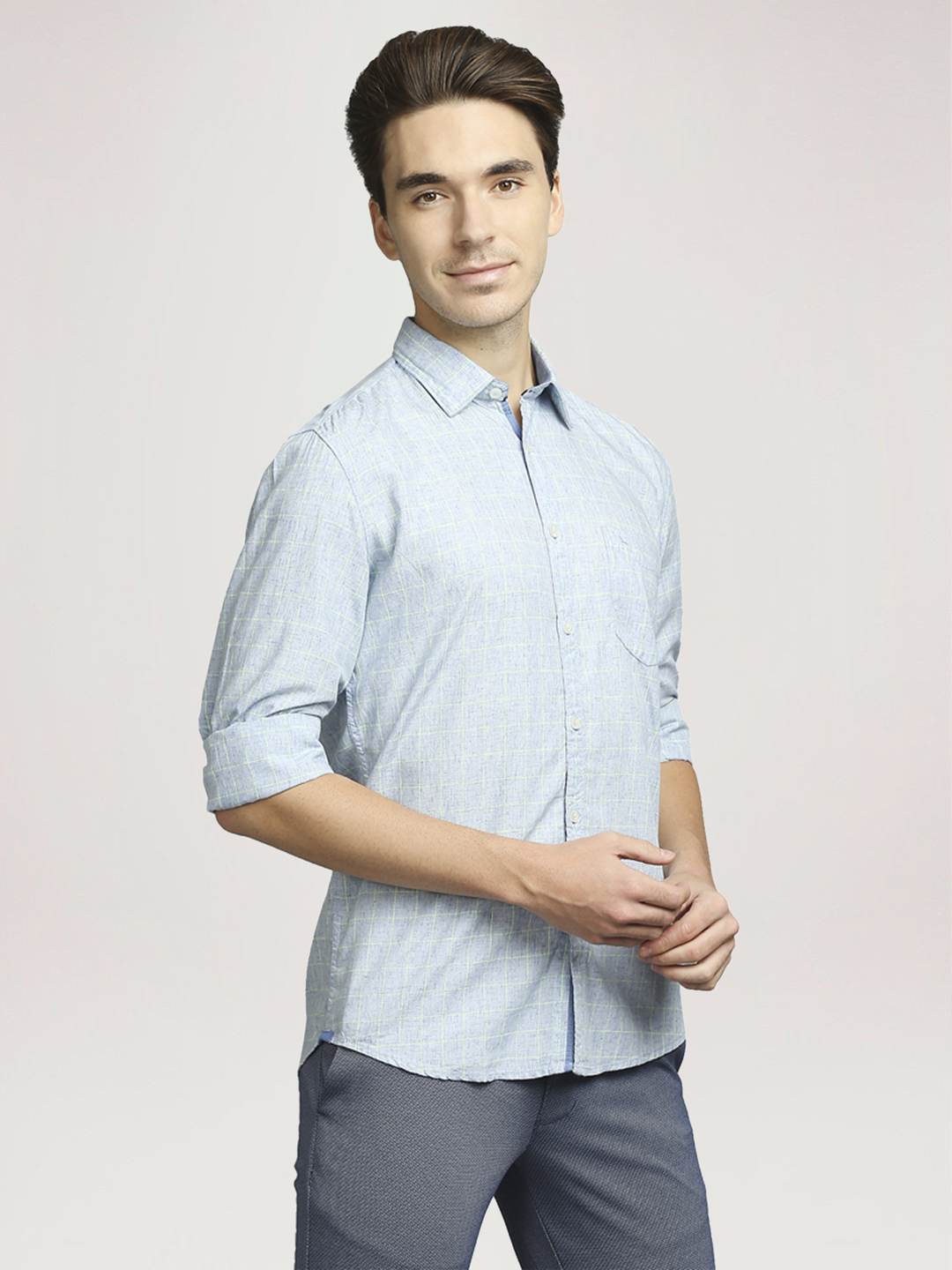 Parx Men Medium Blue Checks Slim Fit Party Shirt