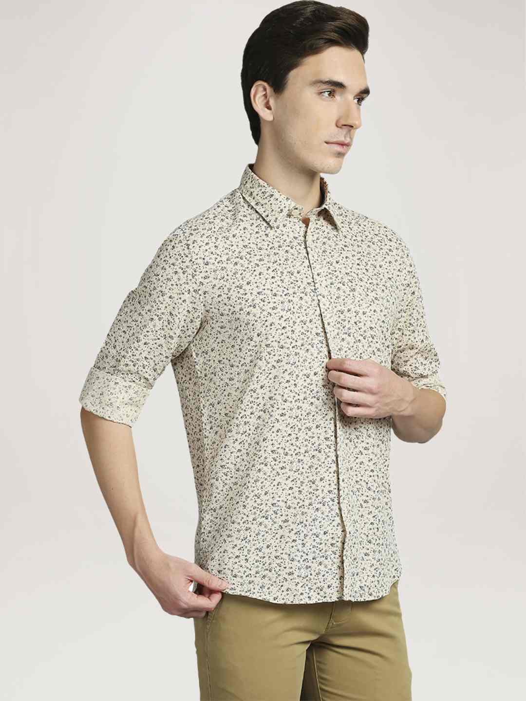 Parx Men Medium Fawn Printed Slim Fit Casual Shirt