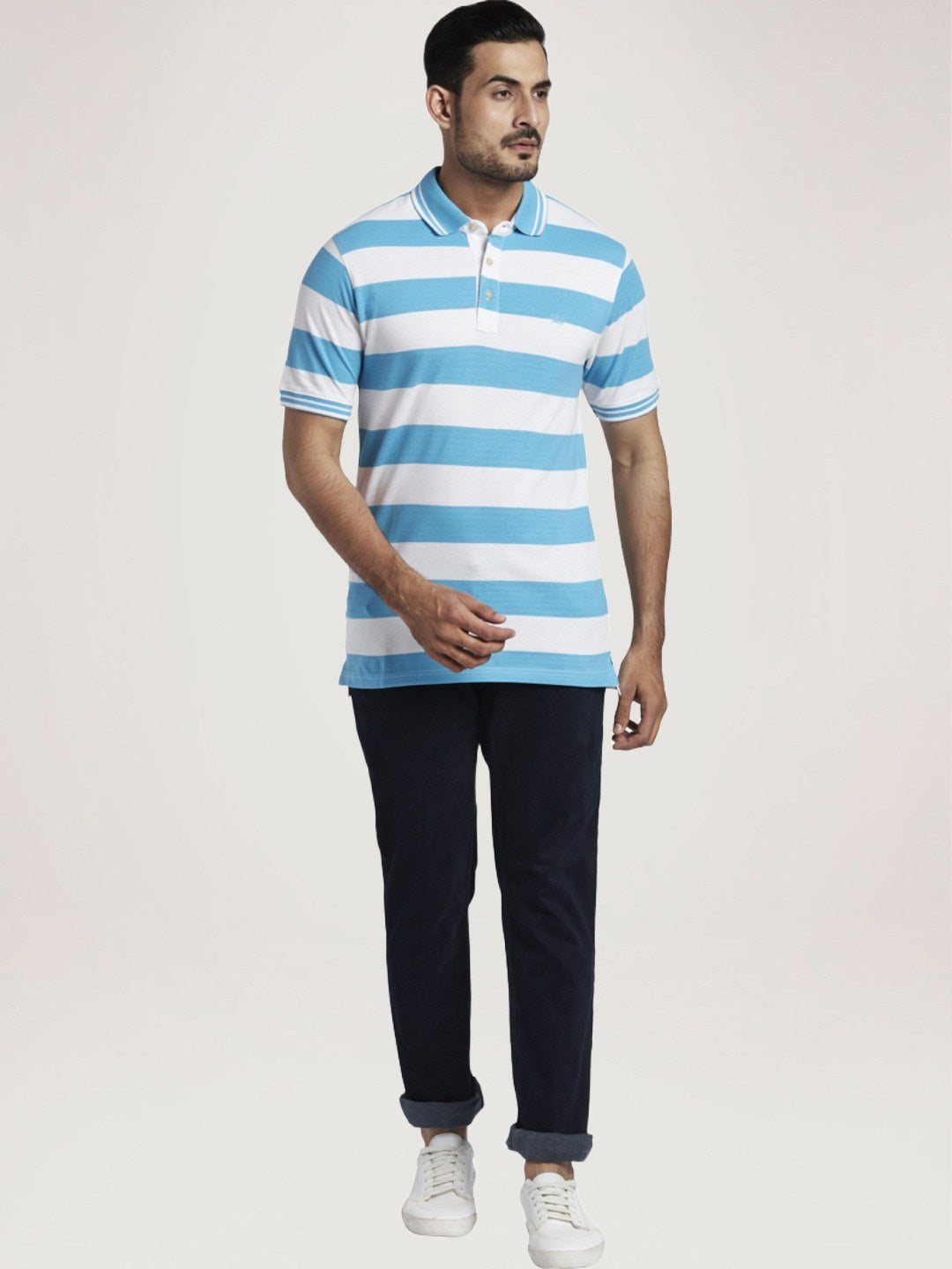 Colorplus Men Medium Blue Stripe Tailored Fit Casual Polo