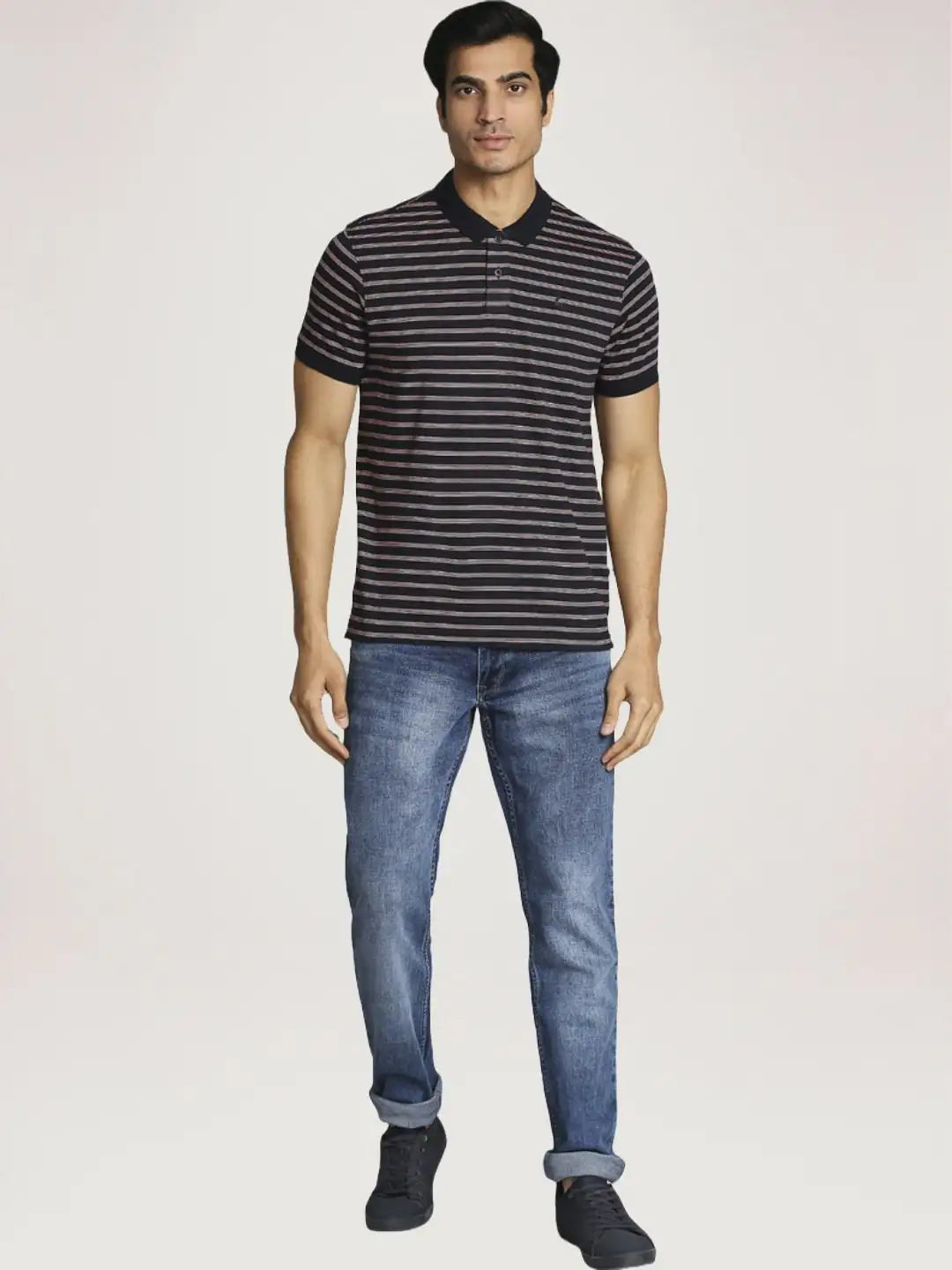 Parx Men Blue Stripe Regular Fit Casual Polo