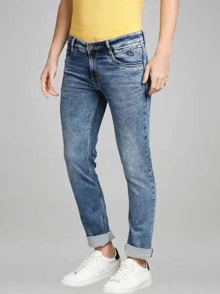 Parx Men Medium Blue Solid Tapered Fit Casual Jeans