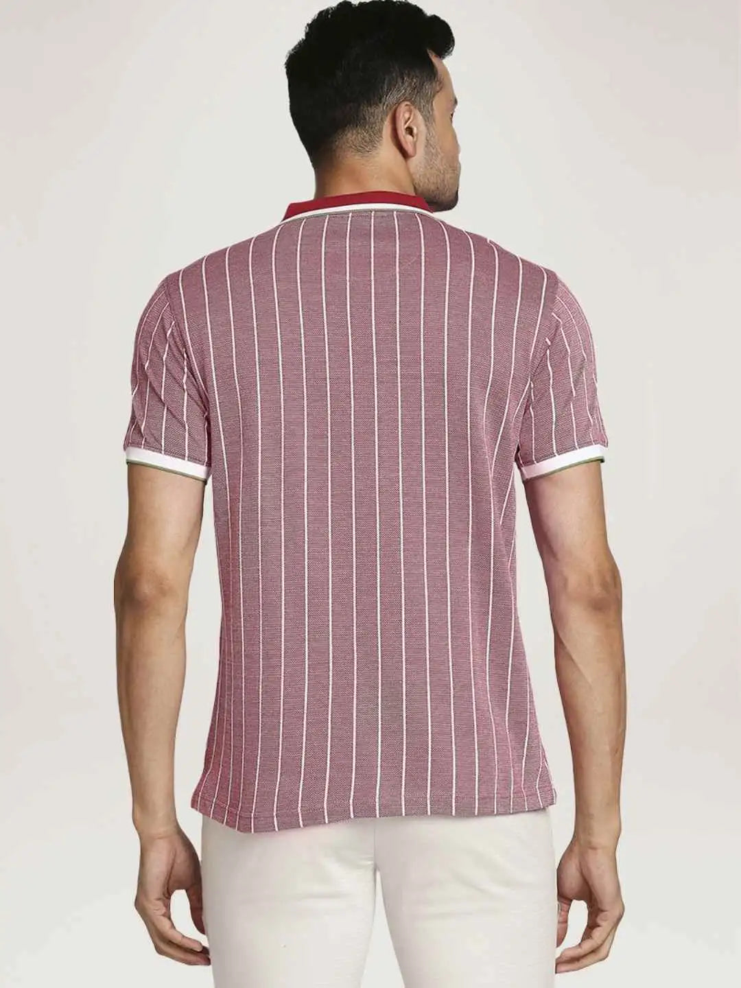 Colorplus Men Light Red Stripe Tailored Fit Casual T-Shirt