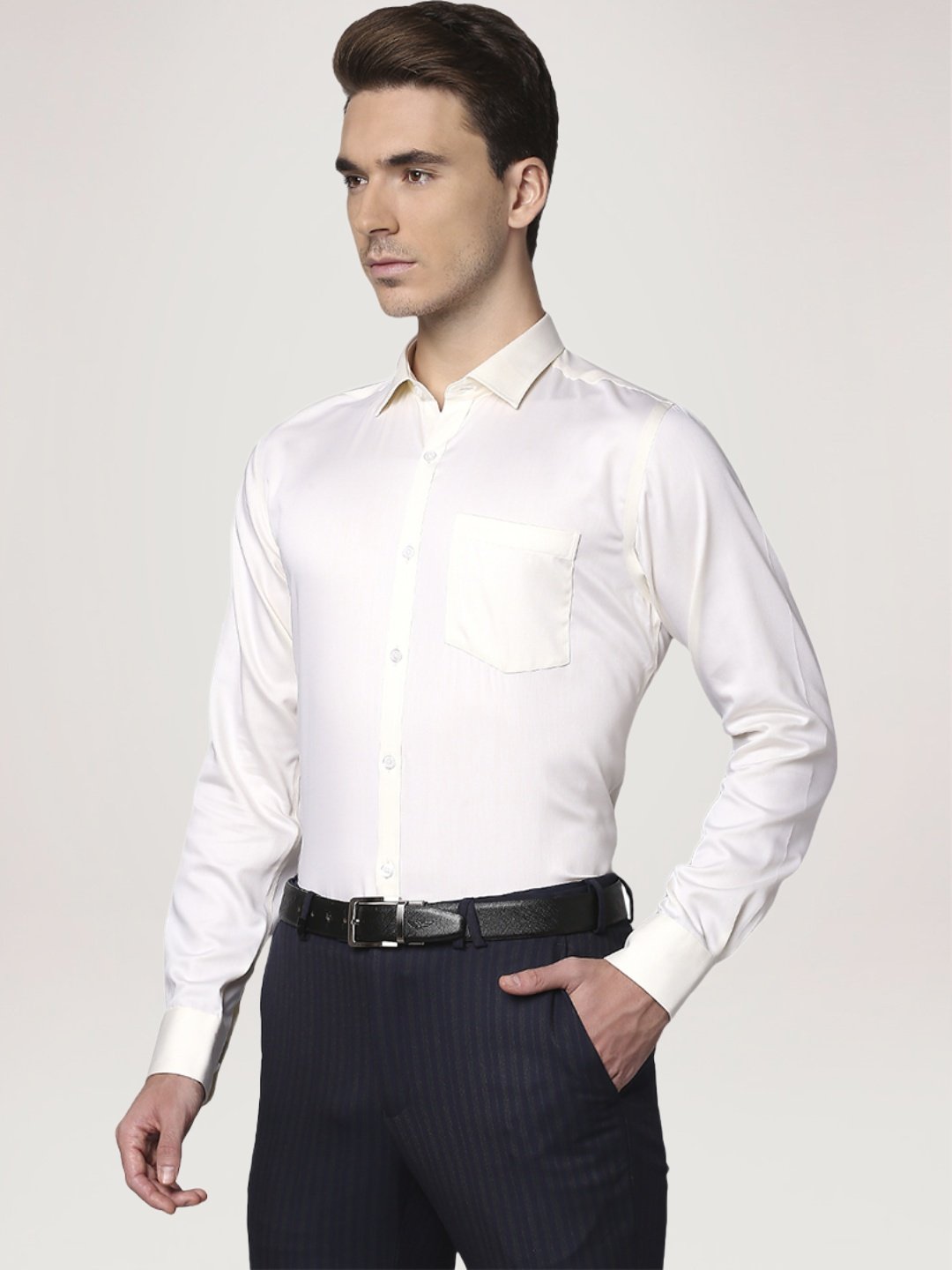 Park Avenue Men Light Yellow Solid Slim Fit Work Shirt